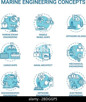 Marine engineering turquoise concept icons set. Paddle wheel ship. Water vessel maintenance idea thin line RGB color illustrations. Vector isolated Stock Vector