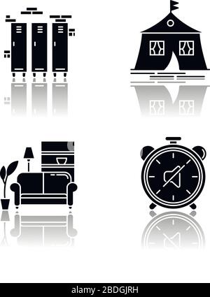 Dormitory conditions drop shadow black glyph icons set. Lockers. Gym, swimming pool closets. Marquee tent. Dorm quiet hours. Living room. Shared space Stock Vector