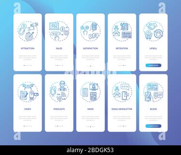 Sales and upselling techniques onboarding mobile app page screen with concepts set. Digital content types walkthrough 5 steps graphic instructions. UI Stock Vector