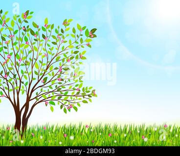 Spring nature background with green grass and blooming tree. Vector illustration Stock Vector