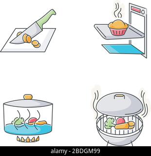 Culinary techniques RGB color icons set. Different food preparation ...