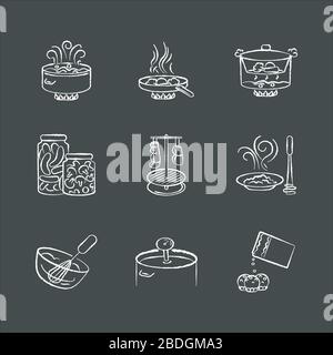 Food preparation chalk white icons set on black background. Different cooking techniques, meal making process. Various ingredients and kitchen Stock Vector