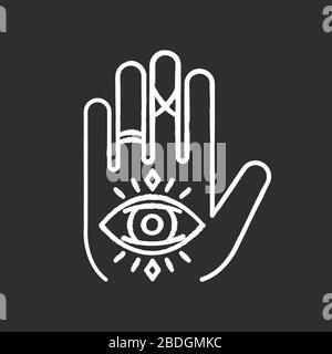 Hand and eye esoteric chalk white icon on black background. Fortune teller mystic symbol. All seeing eye magical sign. Tarot reading, palmistry Stock Vector