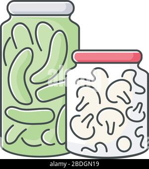 Pickling RGB color icon. Food conservation, vegetables preservation. Raw veggies fermentation in brine. Canned cucumbers and mushrooms isolated vector Stock Vector