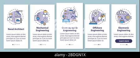 Marine engineering types onboarding mobile app page screen with concepts. Naval architect. Offshore work walkthrough 5 steps graphic instructions. UI Stock Vector