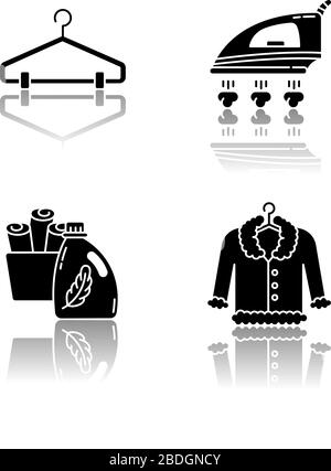 Laundry, clothes care drop shadow black glyph icons set. Fur dry cleaning and ironing. Fabric softener and clean towels basin, hangers and outerwear Stock Vector