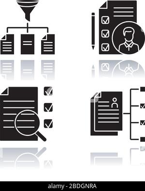Professional employment drop shadow black glyph icons set. Applicant tracking system, literacy, job analysis and recruitment strategy. Executive Stock Vector
