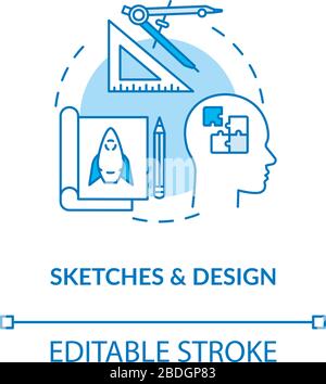 Paperwork, sketches and design concept icon. Groundwork, plan forming idea thin line illustration. Creative design process. Vector isolated outline Stock Vector