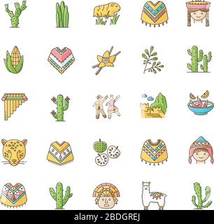 Peru RGB color icons set. Andean country sights, traditions, cuisine, agriculture, animals. Alpaca, guinea, pig, poncho, cherimoya, ceviche, jaguar Stock Vector