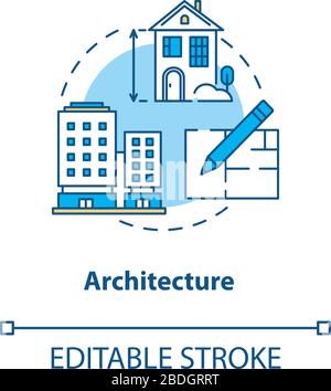 Urban architecture design concept icon. Construction planning idea thin line illustration. Paperwork, architectural plan, building creating. Vector Stock Vector
