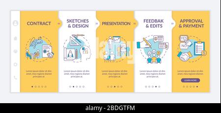 Design project onboarding vector template. Feedback and edits. Getting approval, receiving payment. Responsive mobile website with icons. Webpage Stock Vector