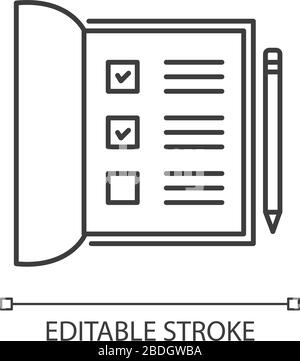 Open notebook pixel perfect linear icon. List with ticked checkboxes. Mark boxes for poll. Thin line customizable illustration. Contour symbol. Vector Stock Vector