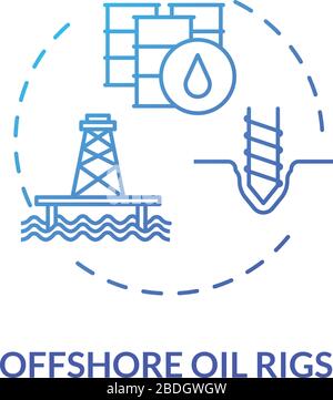 Offshore oil rigs blue concept icon. Industrial structure for fuel production. Petroleum extraction with drill idea thin line illustration. Vector Stock Vector