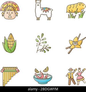 Peru RGB color icons set. Hispanic history, agriculture, livestock, traditions, culture, cuisine. Incas, alpaca, guinea pig, corn, coca, vanilla Stock Vector