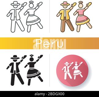 Marinera icons set. Peruvian traditional romantic couple dance. Man and woman dancers. Ethnic party. Hispanic culture. Linear, black and RGB color Stock Vector