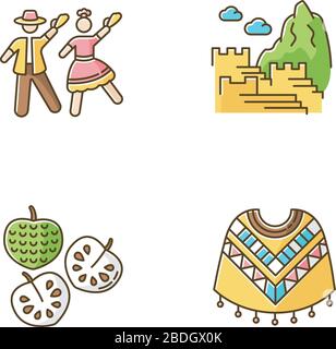 Peru RGB color icons set. Mixture of Spanish and Native American traditions. Andean tourist attractions. Marinera, Machu Picchu, cherimoya, poncho Stock Vector