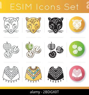 Peru icons set. Peruvian wear, fruit, animal. Jaguar, cherimoya, poncho. Traveling in Latin America. Hispanic country tour. Linear, black and RGB Stock Vector