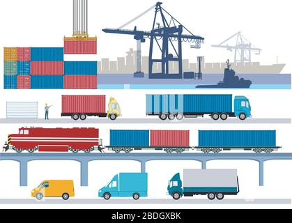 Commercial port with freight train, truck and container ship Stock Vector