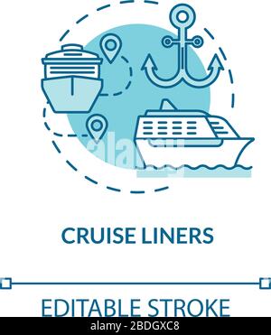 Cruise liners turquoise concept icon. Marine tourism with passenger ship. Trip with water vessel. Boat voyage idea thin line illustration. Vector Stock Vector