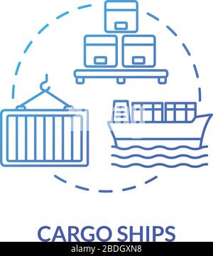 Cargo ship blue concept icon. Freight product distribution. Boat shipment. Marine logistic. Water vessel delivery idea thin line illustration. Vector Stock Vector