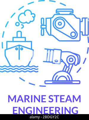 Marine steam engineering blue concept icon. Steering boat. Ship with steam powered engine. Water vessel maintenance idea thin line illustration Stock Vector