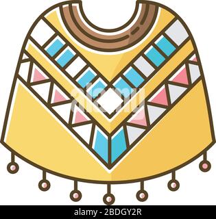 Poncho yellow RGB color icon. Traditional native american people costume. Simple latino woolen wear with geometric ornament. Peruvian ethnic clothes Stock Vector