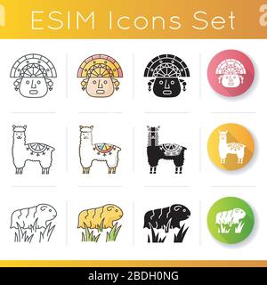 Peru icons set. Peruvian culture, nature. The incas, alpaca, guinea pig. Traveling in Latin America. Andean country features. Linear, black and RGB Stock Vector