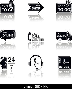 24 7 hour service drop shadow black glyph icons set. Online 24 hrs customer support. Everyday available delivery. Transportation truck sign. Isolated Stock Vector