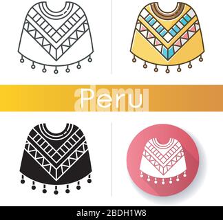 Pooncho icons set. Traditional native american people costume. Latino woolen wear with geometric ornament. Peruvian ethnic clothes. Linear, black and Stock Vector