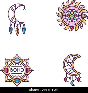 Boho style accessories RGB color icons set. Esoteric amulets. Lotus flower, Indian mandala. Crescent moon shape amulets. Dreamcather handmade charm Stock Vector