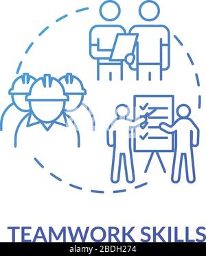 Teamwork skill blue concept icon. Technician group. Soft skill for production worker. Work with colleagues. Marine engineer idea thin line Stock Vector