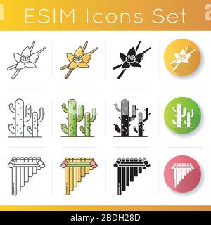 Peru icons set. Vanilla, cactuses, siku. Hispanic plants and music. South American travel. Peruvian tourist attractions. Linear, black and RGB color Stock Vector