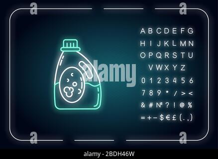 Laundry detergent neon light icon. Liquid whitener, linen bleach, cleanser, stain remover. Outer glowing effect. Sign with alphabet, numbers and Stock Vector