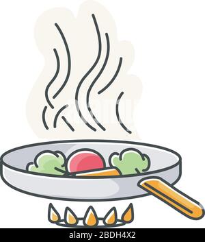 Frying RGB color icon. Fast food preparation, meal preparation in oil. Culinary technique. Cooking pan with ingredients on oven fire isolated vector Stock Vector