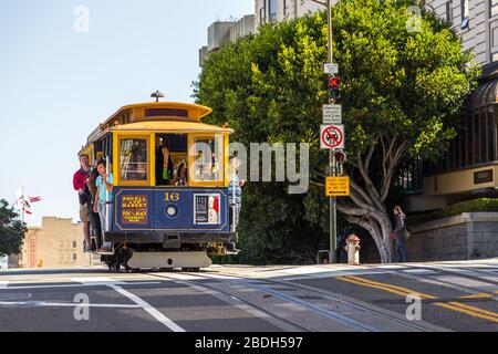 San Francisco, California, USA- 07 June 2015: Classic view of historic San Francisco Cable Cars on famous Powell Street.