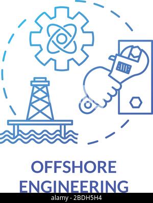 Offshore engineering blue concept icon. Oil rig maintenance work. Marine structure build. Water construction repair idea thin line illustration Stock Vector