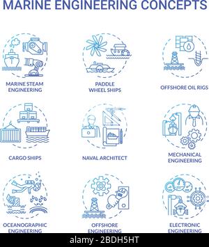 Marine engineering blue concept icons set. Paddle wheel ship. Offshore oil rig. Ship operation. Water vessel maintenance idea thin line RGB color Stock Vector