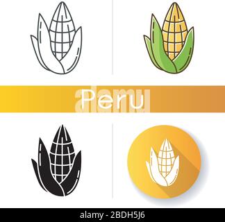 Corn icons set. Corncob pipe with leaf. Sweetcorn. Maize cereal crop. South american agriculture. Hispanic national cultivation. Linear, black and RGB Stock Vector