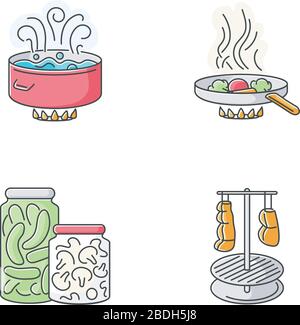 Culinary techniques RGB color icons set. Different food preparation methods, cooking process. Boiling, frying, canning and smocking isolated vector Stock Vector