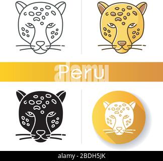 Jaguar icons set. Leopard head. Cheetah. Wild large spotted cat living in South America. Strong aggressive predator. Jungle dweller. Linear, black and Stock Vector
