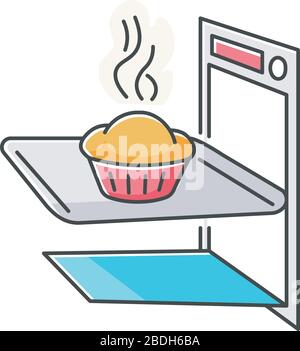 Baking RGB color icon. Delicious pastry cooking, tasty dough products preparation. Homemade bread in oven. Fresh baked pie, muffin cake isolated Stock Vector