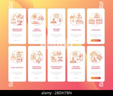 Marine engineering onboarding mobile app page screen with concepts set. Naval architecture walkthrough 5 steps graphic instructions. UI vector Stock Vector