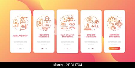 Marine engineering onboarding mobile app page screen with concepts set. Watercraft for ship maintenance walkthrough 5 steps graphic instructions. UI Stock Vector