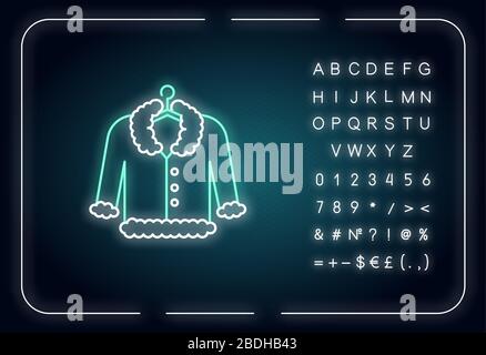 Coat on hanger neon light icon. Outerwear washing, laundry service. Fur delicate dry cleaning. Outer glowing effect. Sign with alphabet, numbers and Stock Vector