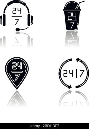 24 7 hour service drop shadow black glyph icons set. Headset sign of customer support. Twenty four seven open bar. All day available delivery Stock Vector
