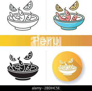 Ceviche icons set. Peruvian national dish. Latin american cuisine main course. Shrimp and lemon soup. Seafood salad. Asian meal. Linear, black and RGB Stock Vector