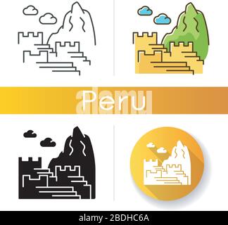 Machu picchuicons set. Inca citadel in mountains. Sacred Valley in Eastern Cordillera. Ancient monument of civilization of Indians. Linear, black and Stock Vector