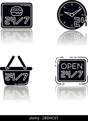 24 7 hour service drop shadow black glyph icons set. Everyday open burger cafe. Open twenty four seven hours. Convenience store sign. Commerce Stock Vector