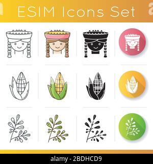 Peru icons set. Hiapanic traditions and agriculture. Peruvian girl, corn, coca. Latin American features. mayan country travel. Linear, black and RGB Stock Vector