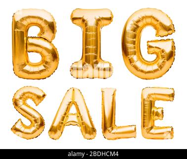 Words BIG SALE made of golden inflatable balloons isolated on white background. Helium balloons gold foil forming phrase super sale. Discount and Stock Photo